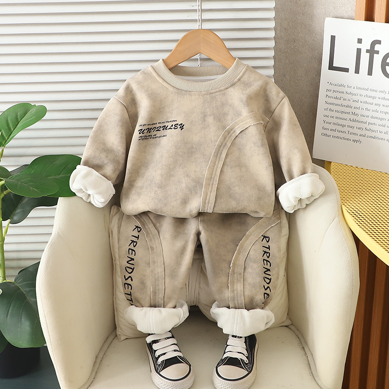 Winter Warm 2025 New Boys Fleece-Lined Hoodie Set, Letter Patchwork Streetwear 2-Piece, Loose Fit Casual Outfit for Toddler Boys