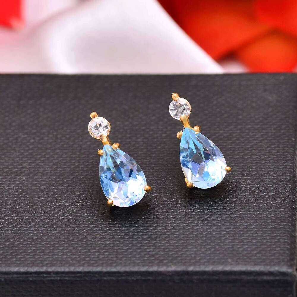 Pure Sier Natural Blue Topaz and Mosan Handmade Jewelry Gold-Plated Earrings