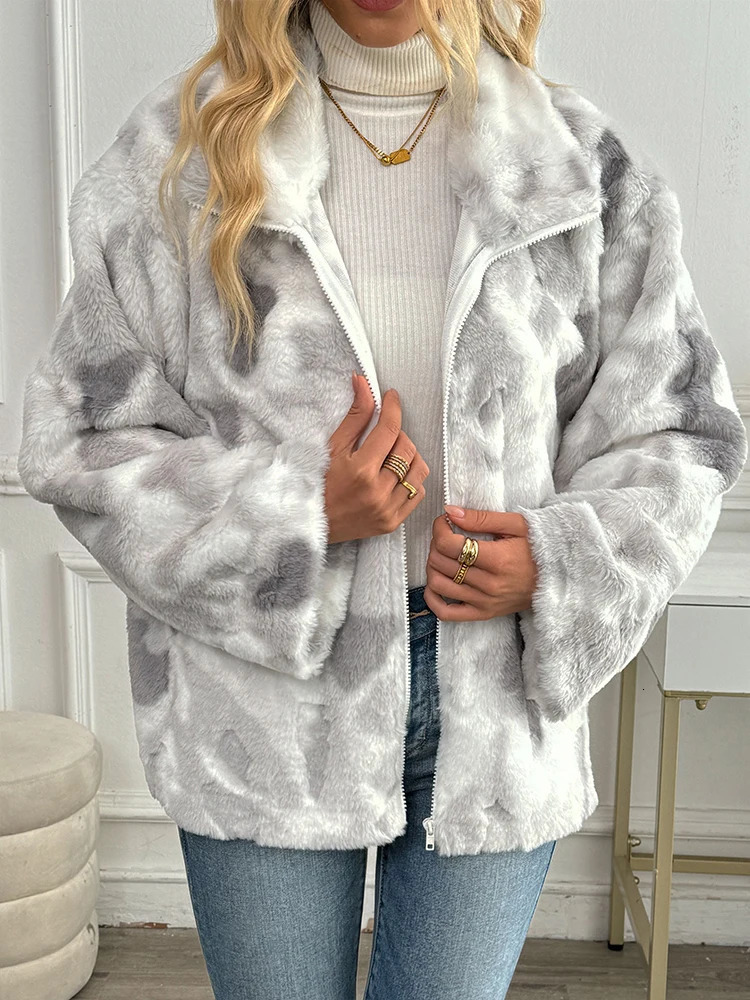 Fashion Tie Dye Lamb Fleece Jacket Women Autumn Winter Zipper Outerwear Warm Plush Jackets Harajuku Casual Female Thick Coat 251021