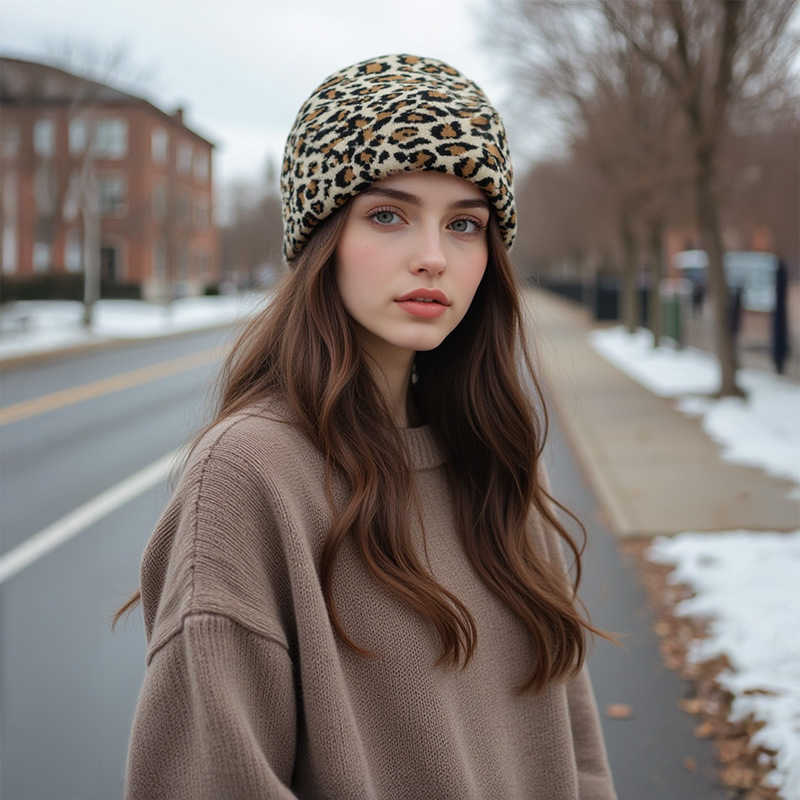 New Leopard Print Bare Knit Hat Warm Windproof Rolled Brim Round Top Hat Jacquard Knit Hat H251020