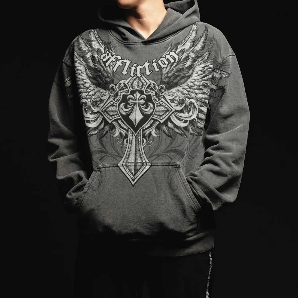 Fashionable European and American mens autumn Gothic skull print comfortable soft hooded sweatshirt outdoor street style top W251021