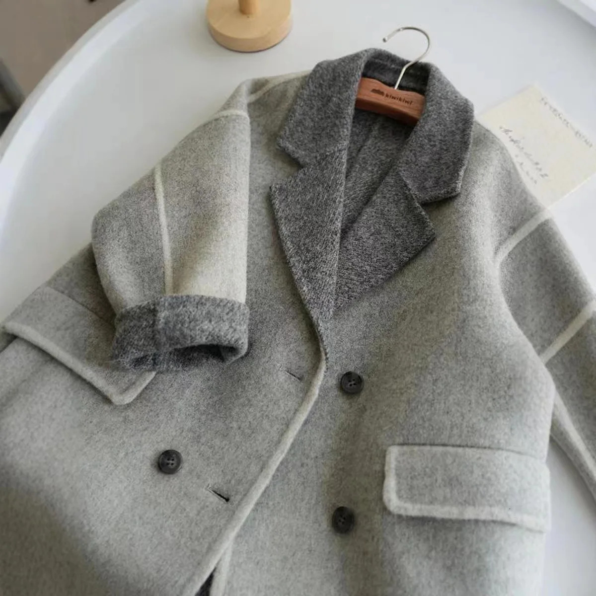 Childrens Autumn and Winter Gray Doublesided Cashmere Coat for Boys with Color Combination and Thickened Woolen Coat 251017