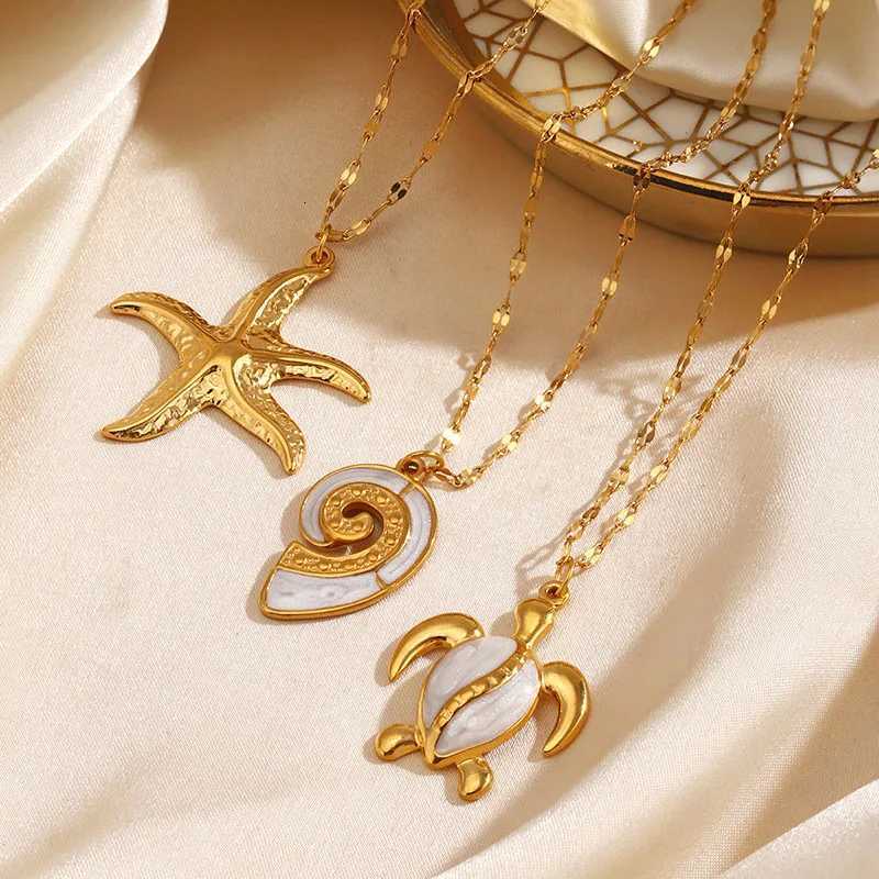 Stainless Steel White Enamel Turtle Conch Gold Color Big Starfish Pendant Necklace for Women Party Daily Jewelry GiftsXJ250717