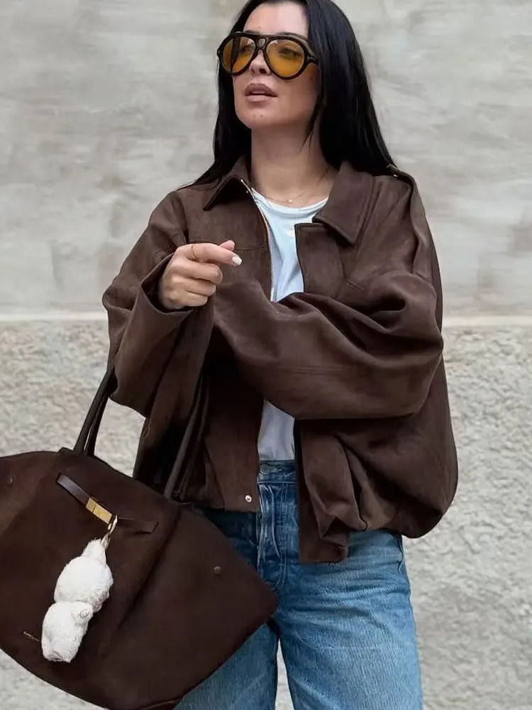 HH Womens Street Fashion Solid Loose Suede Texture Coats Causal Long Bat Sleeves Lapel Zipper Fly Winter Vintage Jackets 251021