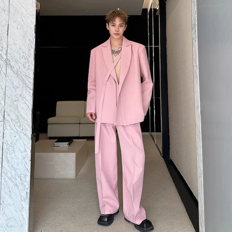 IEFB Niche Mens Twopiece Solid Color Double Layers Collar Laceup Blazer Casual Straight Leg Male Suit Pants Chic 9W679 251021