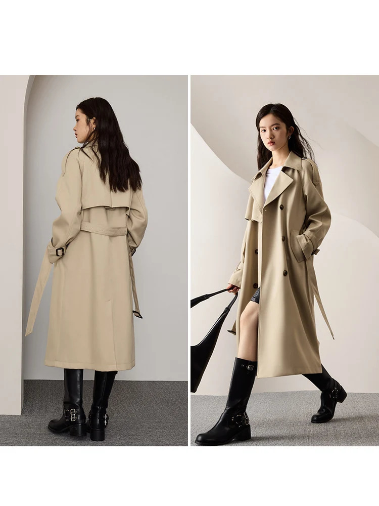 ZIQIAO Women British Style Double Breasted Casual Trench Coats Autumn Long Temperament Black Trench Jackets Straight FemaleCoat 251013