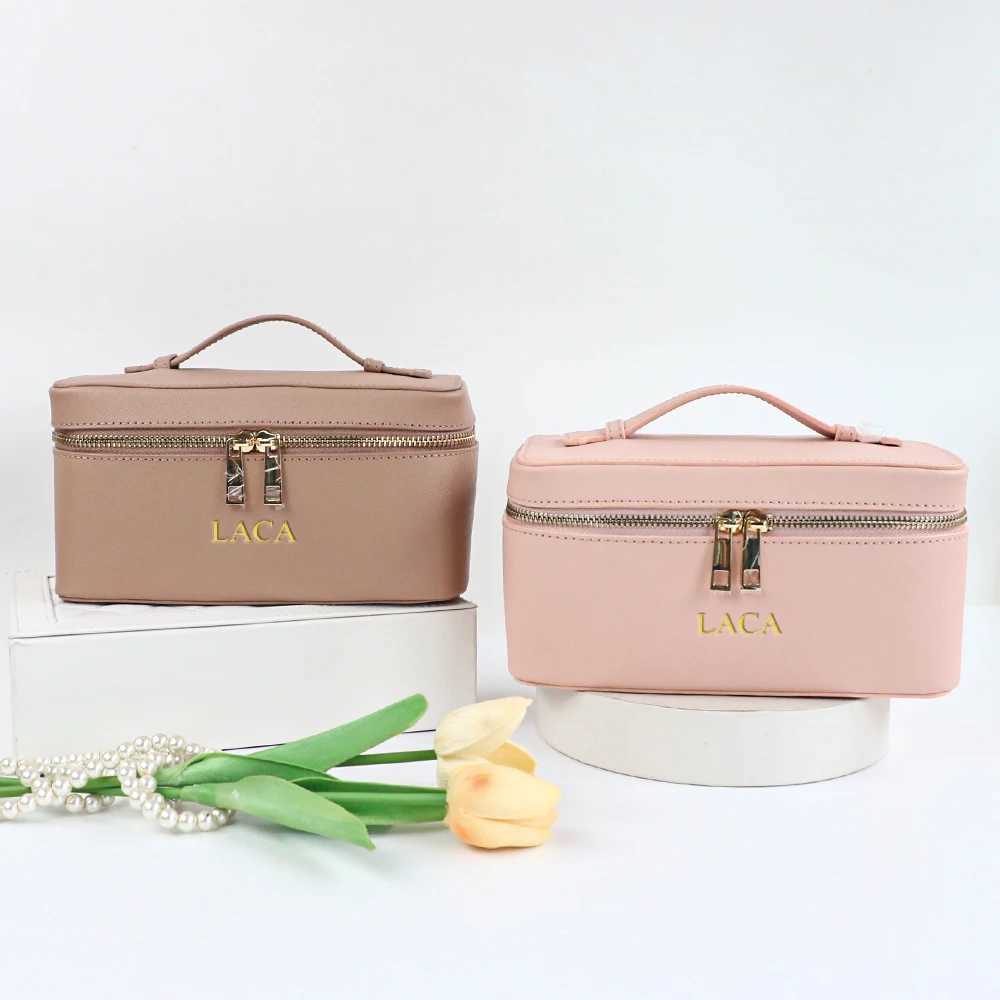 Customized name genuine leather womens travel bath products box bag portable hanging makeup bag box multiset makeup bag boxW251021