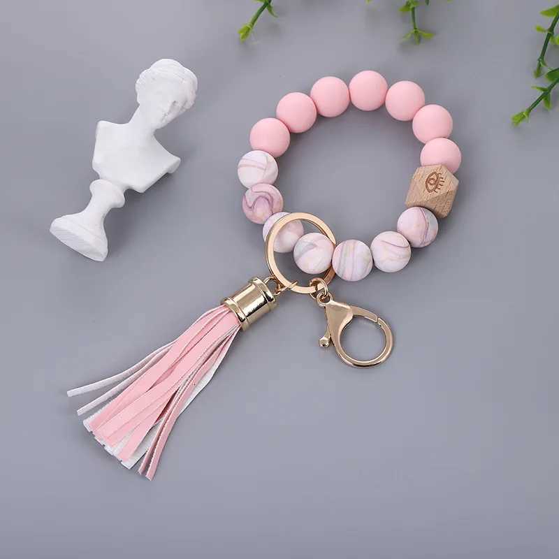 Colored Silicone Bead Bracelet PU Tassel Keychain Wristlet Bracelet Pendant Keychain Woman Man Jewelry Accessories Gifts W251021