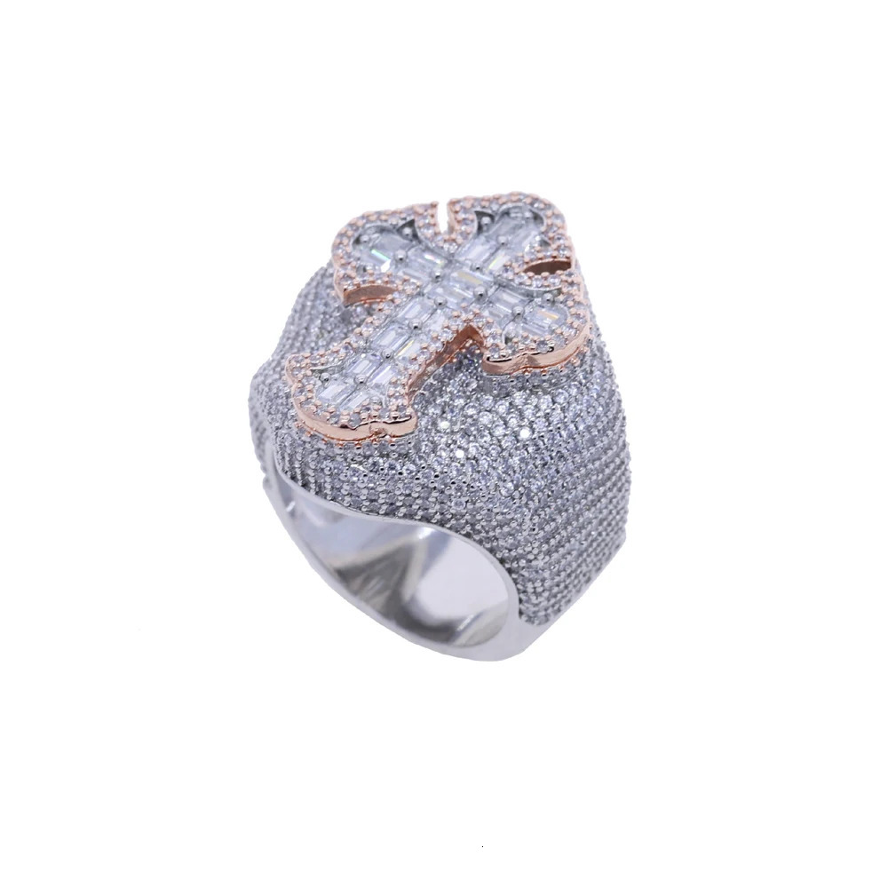 Two Tone Color Cross Finger Ring Iced Out Bling 5A Cubic Zircon Prong Setting Fashion Luxulry Men Hip Hop Finger Jewelry 251017