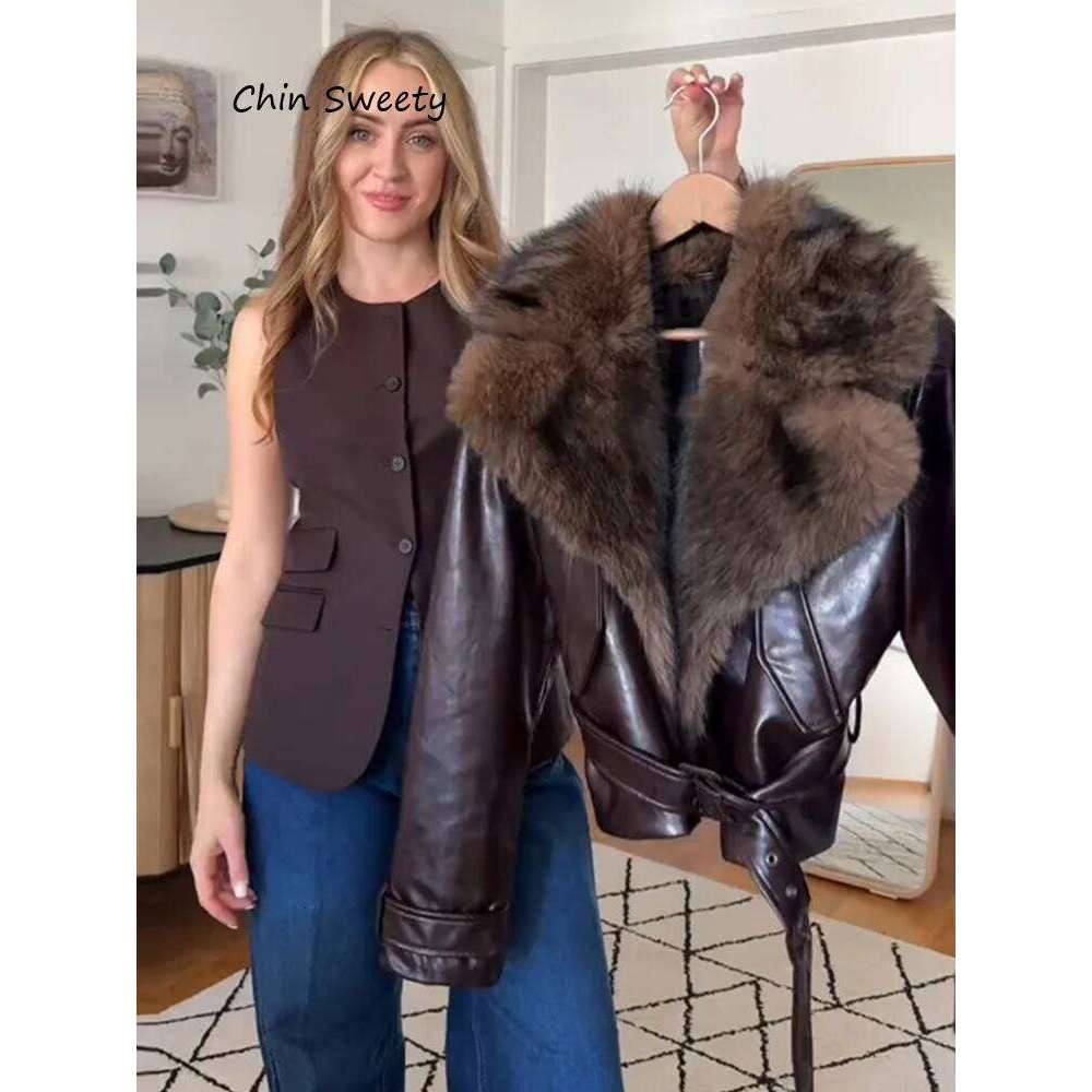 Faux Fur Collar Jackets For Women Leather Coats Vintage Outwear Belt Short Tops Winter Coat Casual Clothes Woman Chic Jacket
