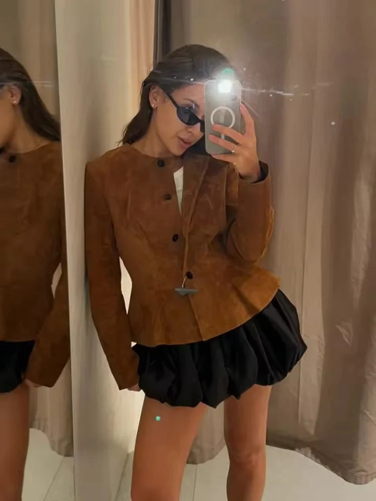 Tidalyf Women Suede Jacket Round Neck Fitted Waist Mini Skirt Hem Single Breasted Long Sleeve Elegant Chic Outerwear 251021