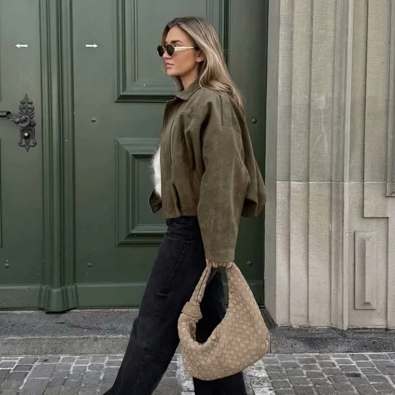 Womens Bomber Jackets Coats Fashion Turndown Collar Long Sleeve Loose Vintage Female Outerwear Chic Tops 251021