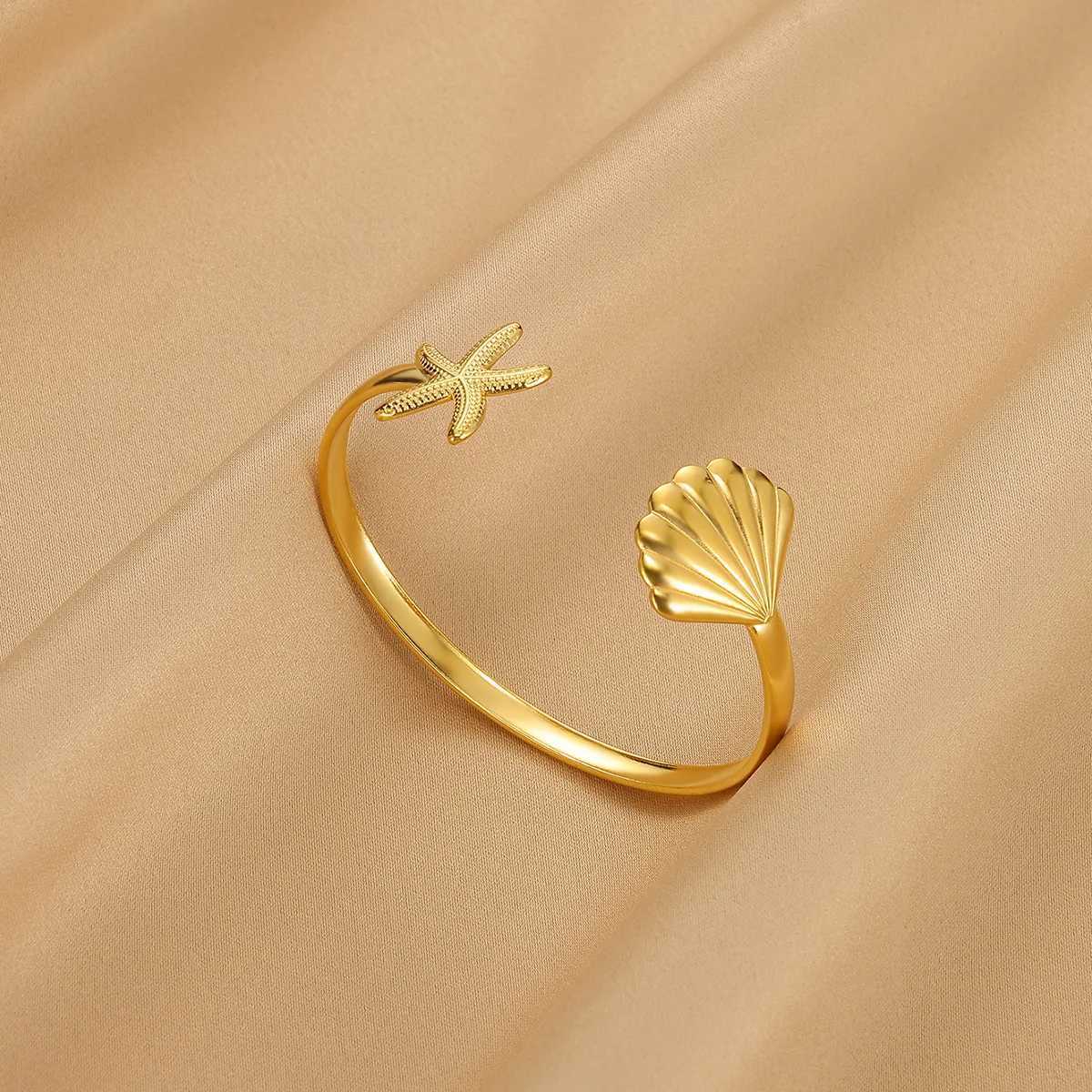 Summer Waterproof Cuff Bangles Bracelet For Women Cute Flower Double Layer Open Stainless Steel Gold Color Star Shell Jewelry J251021