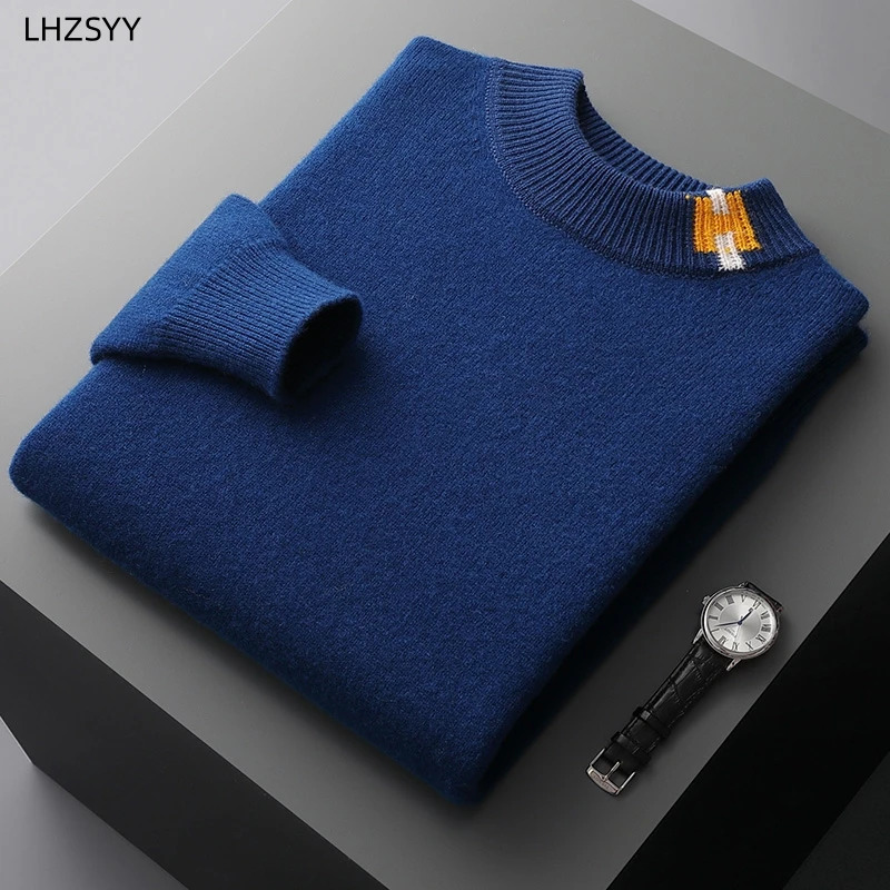 LHZSYY Mens Cashmere Sweater Autumn Winter SemiHigh Neck Pullover Warm Color Matching Knit Base Shirt Loose Thicken Jumper 251020
