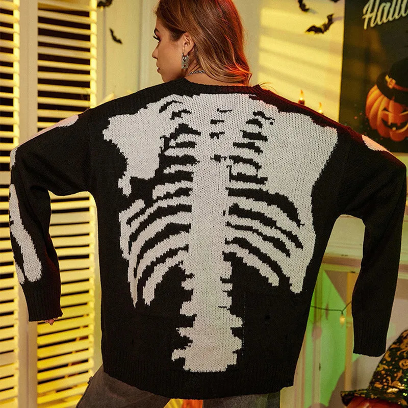 Hip Hop Jacquard Sweater Loose Skeleton Knit Long Sleeve Unisex Streetwear Gothic Punk Grunge Vintage Men Women Distressed 251020