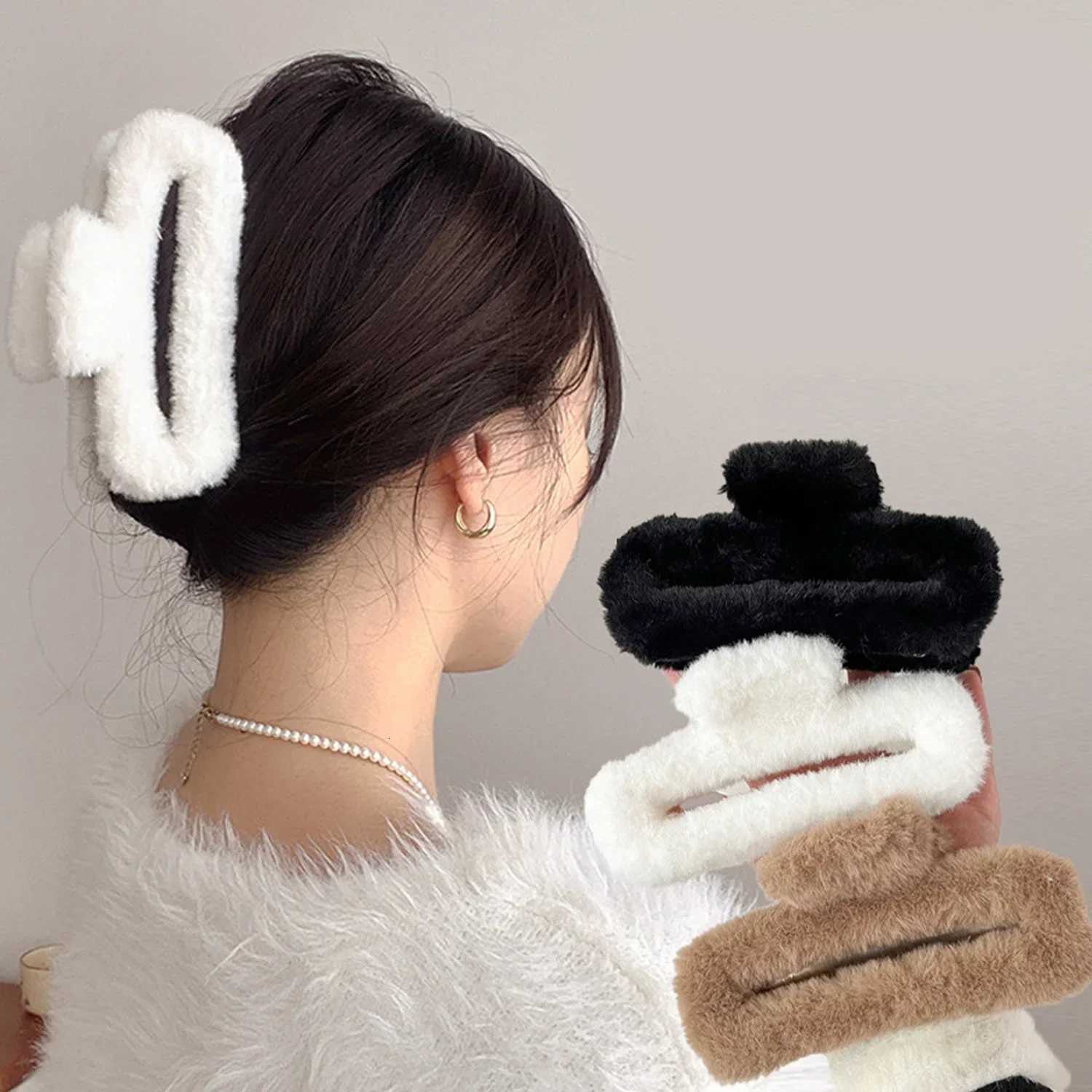 Winter Plush Square Hair Claw for Women Korean Elegant Acrylic Hairpins Faux Fur Hair Clip Pink Barrette Crab Hair AccessoriesW254021