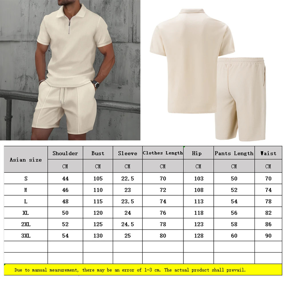 2025 Men Europe and the United States summer Waffle solid color zipup lapel shortsleeve suit shorts two sets 251021