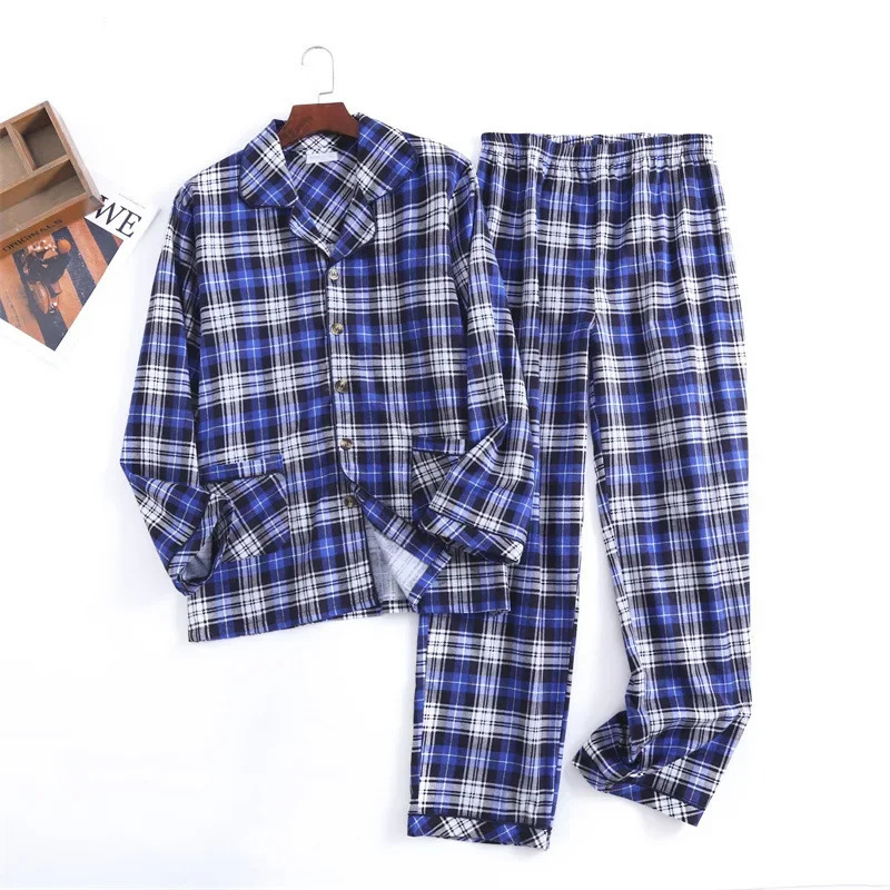 Autumn and Winter Mens est Cotton Flannel Brushed Trouser Suit Plaid Clothes with Button Pajama Set Homewear Men Suit 251021