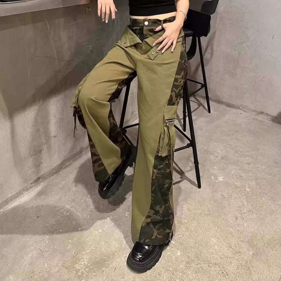 2025 American designer high waisted work pants fake two-piece set luxury pants patchwork leopard print jeans camouflage pants street hip-hop straight 