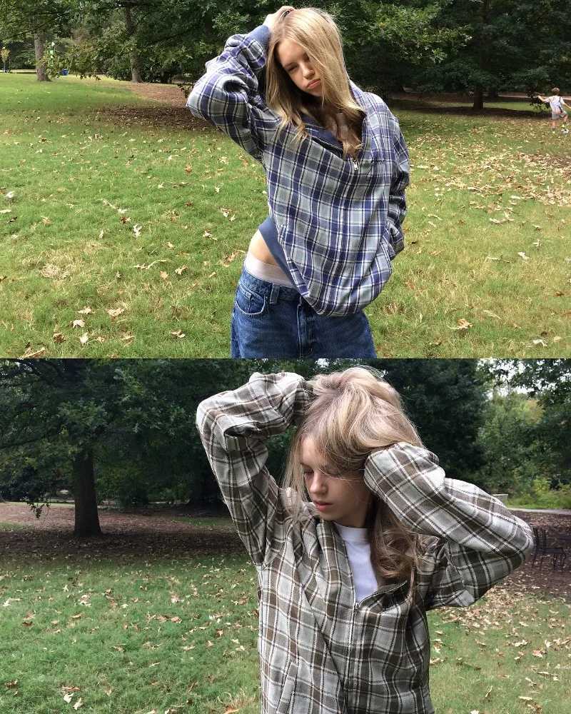 Retro gothic Harajuku Y2K fleece lining checkered design fashionable casual women hoodie high street trend punk loose hoodie W251021