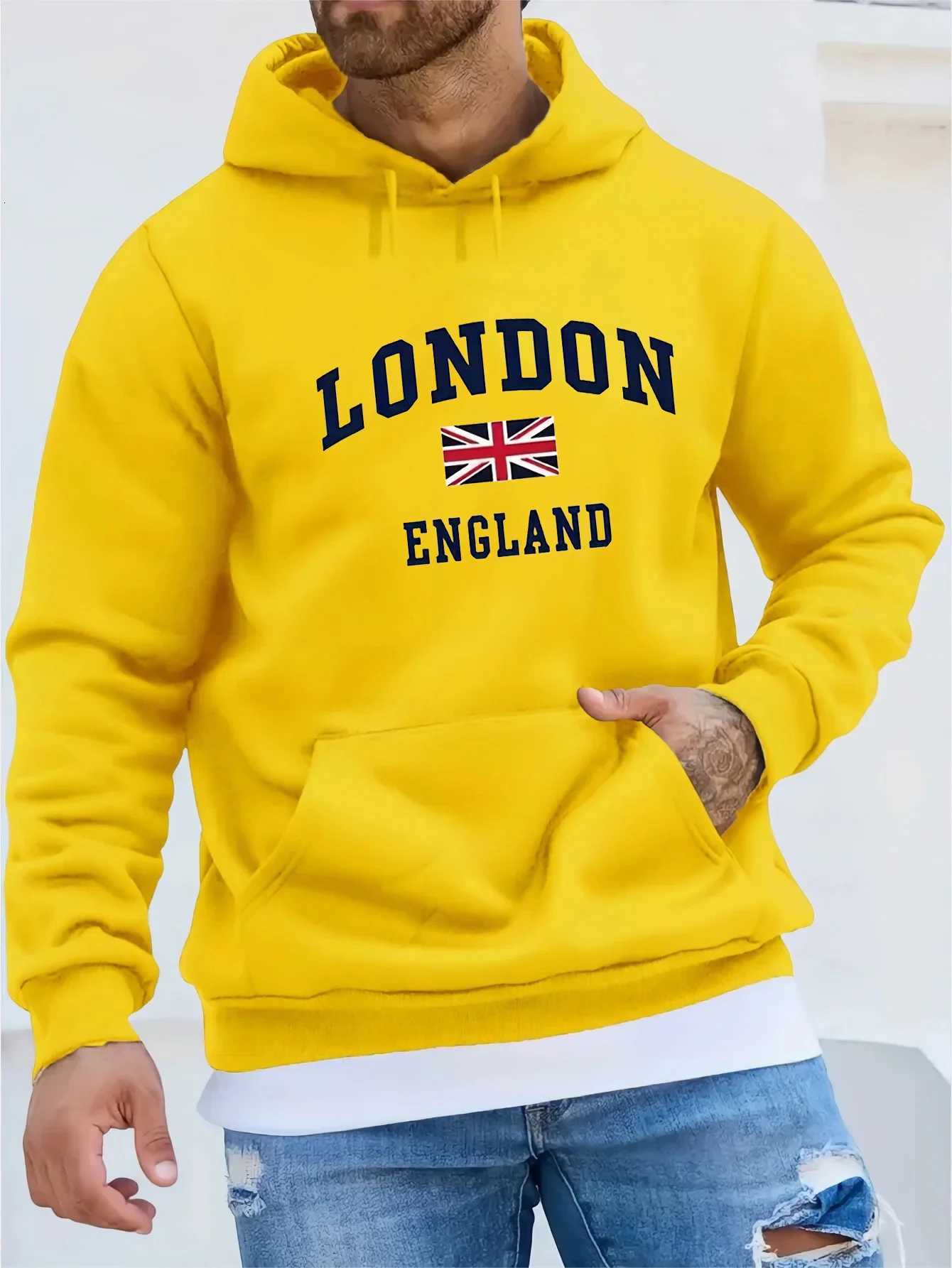 Mens autumn and winter casual fashionable loose hooded sweatshirt London England printed long sleeved warm pullover W251021