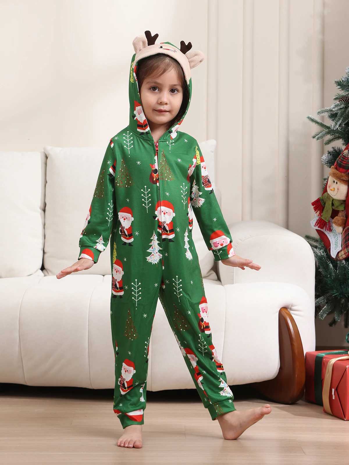 New Christmas Family Look Onesies Santa Print Onepiece Jumpsuit Adults Kids Matching Pajamas Cute Zipper Hooded Romper Xmas Pjs L251021266X