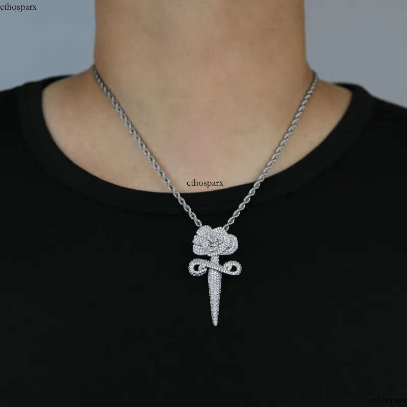Hip Hop Rose Flower Cross Pendant Necklace 5A Zircon White Gold Plated Religious Jewelry