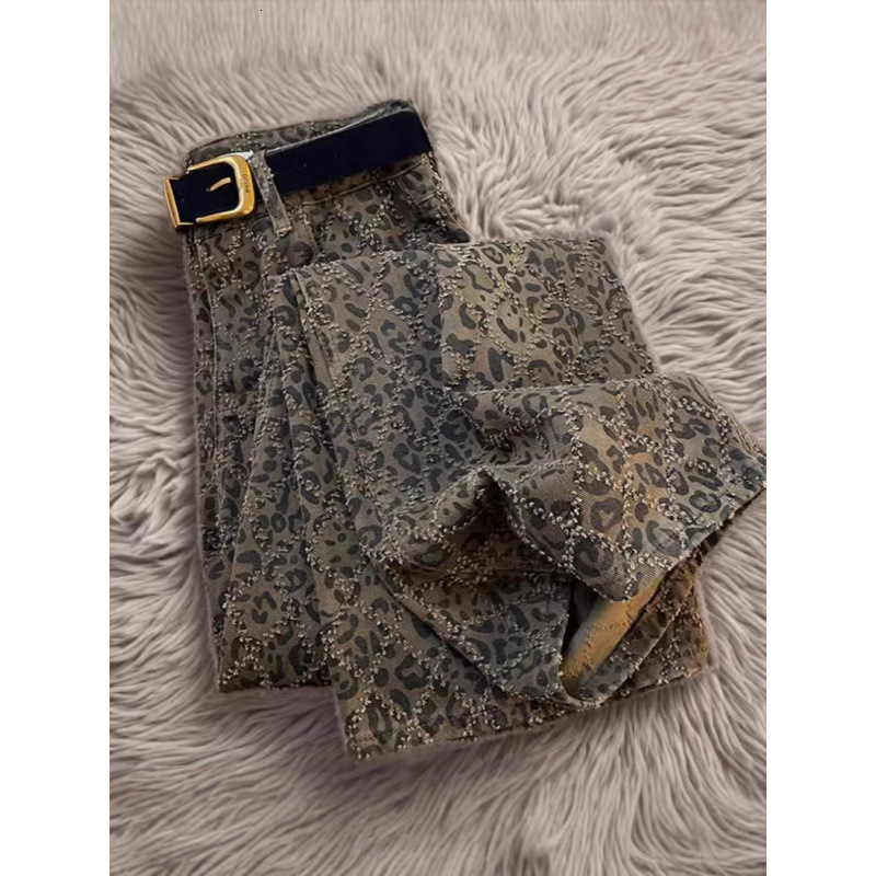 2025 designer autumn new high-end leopard print high waist slim fit jeans women's street style American retro casual pants