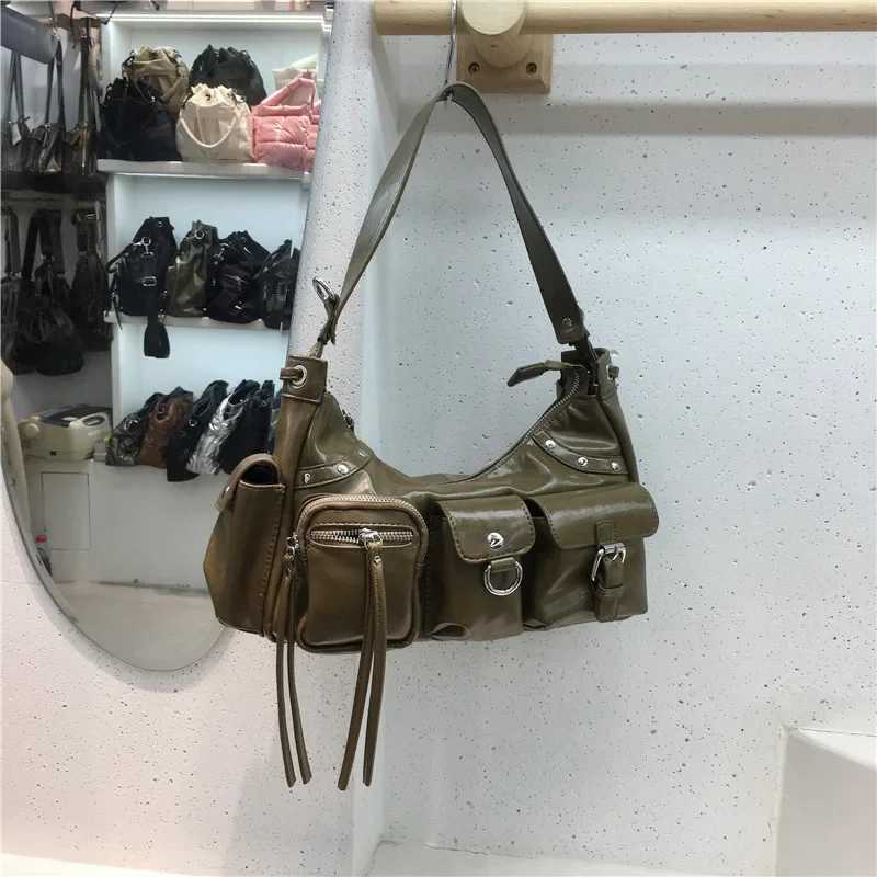 2024 New Womens Underarm Spicy Motorcycle Bag Multipocket Lychee Pin Tote Bag Single Shoulder Slant CrossXJ251021