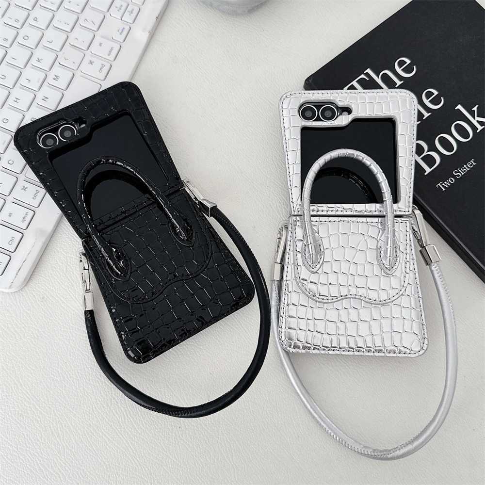 Crocodile Leather Handbag Phone Case for Galaxy Z Flip 6 5 Glossy Solid Wrist Hand Strap Shockproof Protection Cover J251114