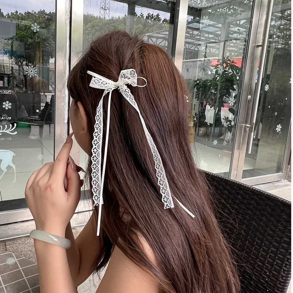 2pcs Korean Lace Bow Hair Clip Trend Long Ribbon Hairpins Barrettes Headband for Women Girl Hair Accessories Wedding JewelryW254021
