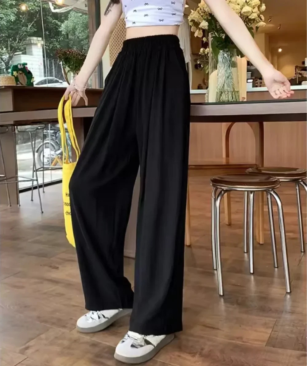 Solid color Women AnkleLength Wide Leg Pants Casual Summer Elastic Waist Loose Ice Silk Spring Female Trousers 251015