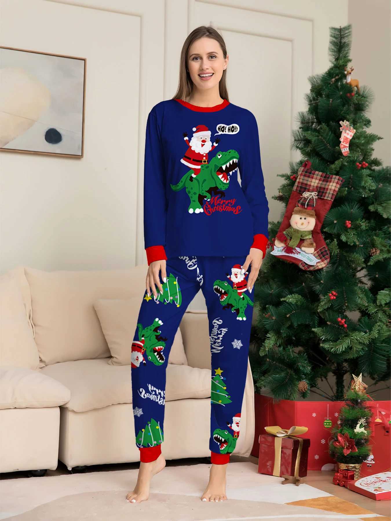 Parent Child Christmas Pajamas Set Navy Red Santa Dinosaur Merry Christmas Prints L2510212J3W