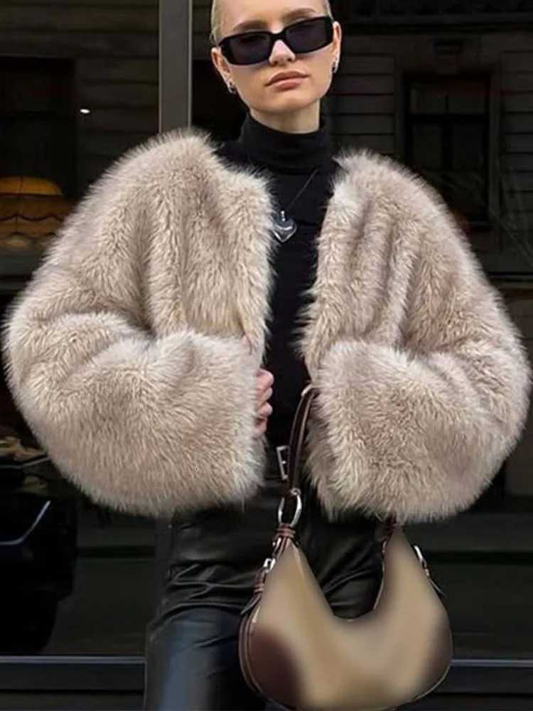 HH Womens Winter Streetwear Faux Fur Effect Short Jacket Coat Retro Solid Color O Neck LongSleeve Womens Loose Thermal Top Y251105