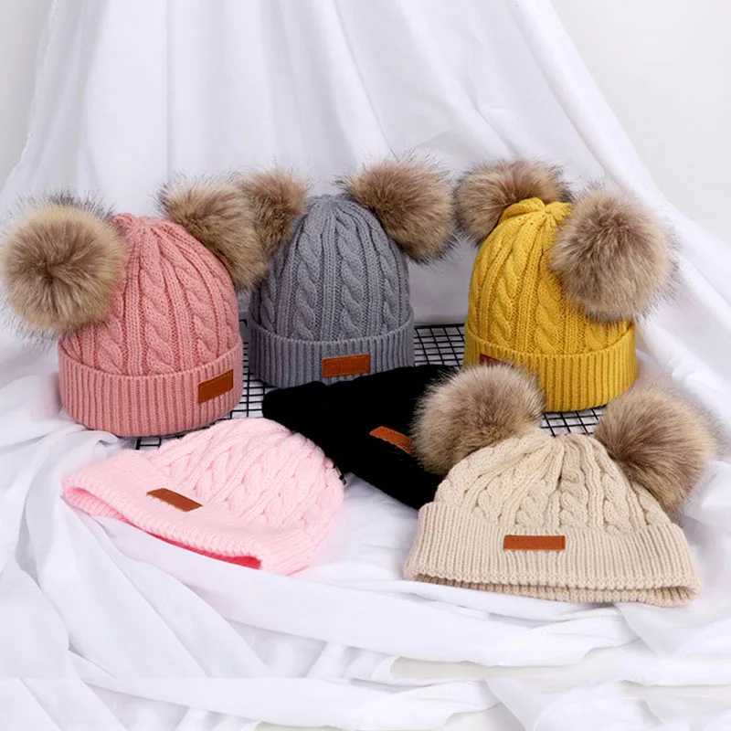 Cute Double Wool Pompom Baby Hat Children Cap Warm Autumn Winter Hats For Kids Boys Girls Knitted Warmer Beanie Caps Bonnet J2510211