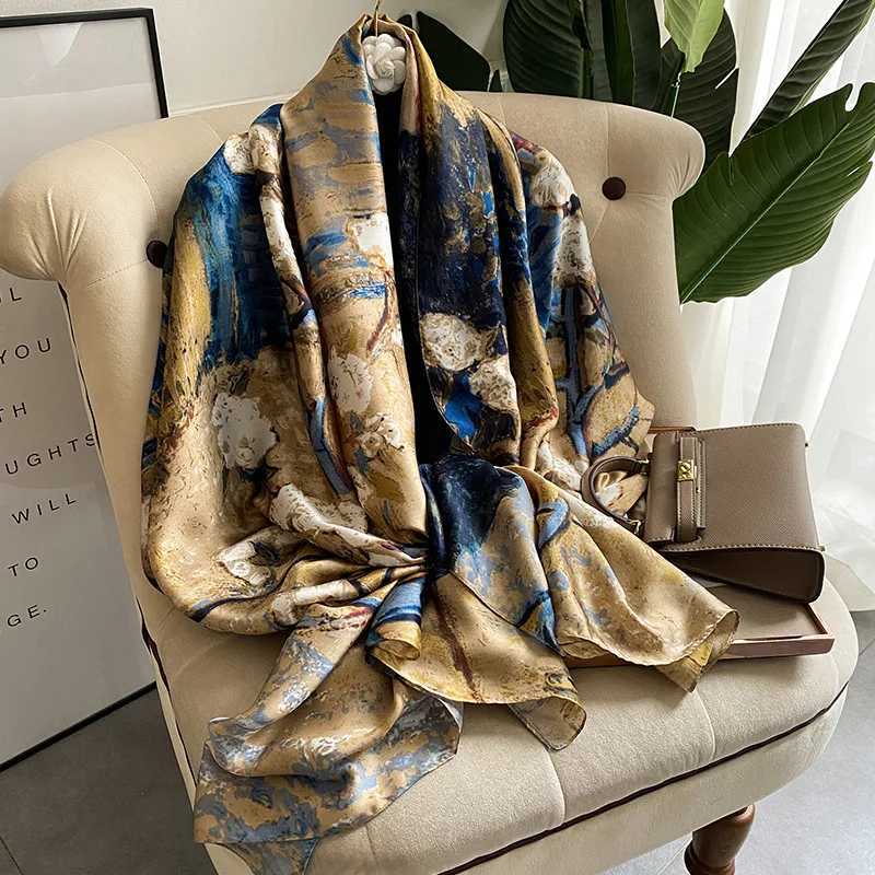 18090cm Large Silk Satin Scarf Hijab Women Print Spring New Shawl Wrap Female Hand Foulard Pashmina Travel Echarpe 2022 NEW W251021
