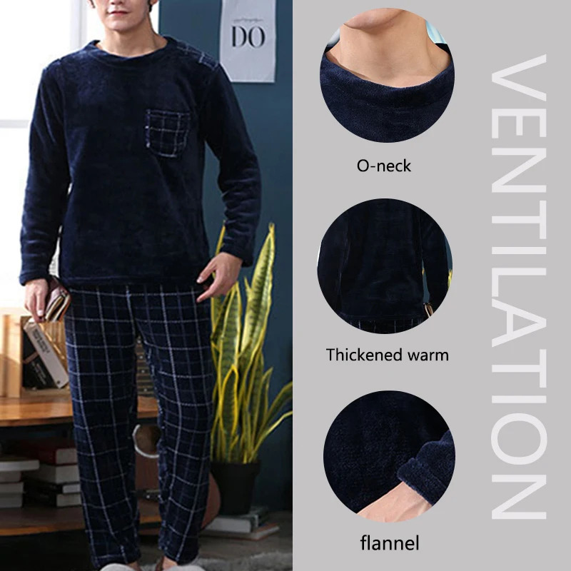 2pcsSet Fall And Winter Facecloth Mens Pajamas Padded Thickened Warm LongSleeved Teenagers Coral Fleece Homewear boy clothes 251021