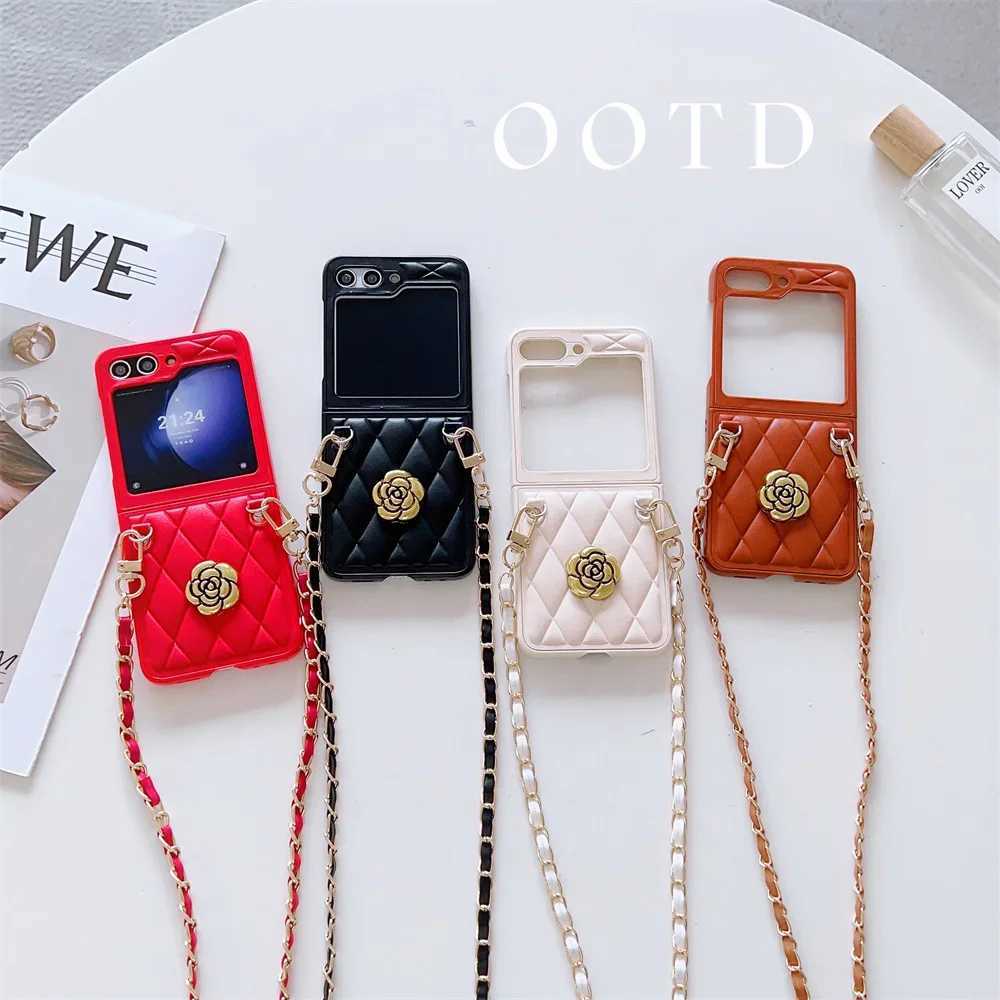 Leather Crossboby Phone Case for Galaxy Z Flip 7 6 5 4 3 Flip5 Flip4 Flip7 5G Chain Cord Rope Strap Shockproof Cover J251114
