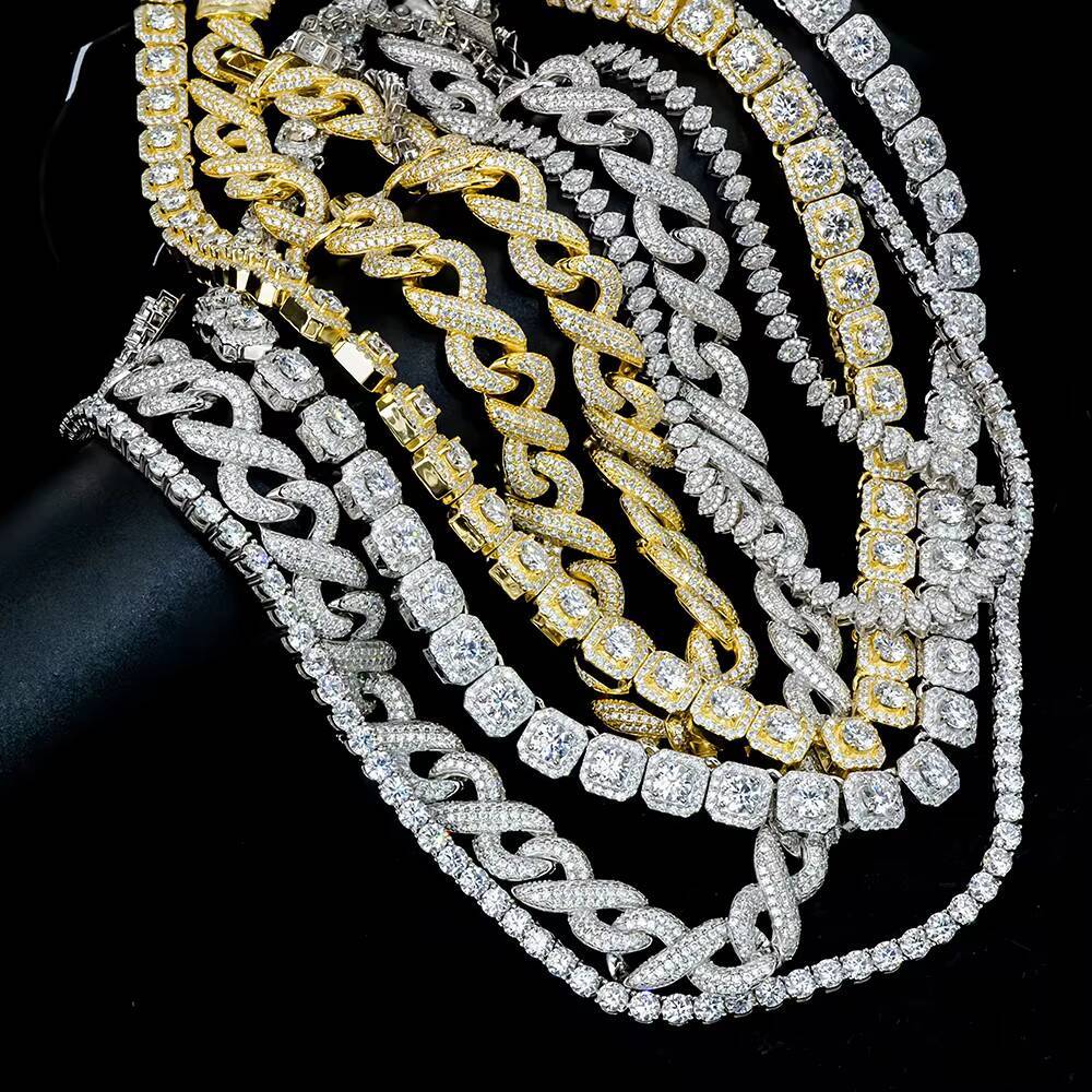 Big Size 4 Styles Iced Out HipHop Jewelry Square Marquise Clustered Moissanite Diamond Tennis Chain Bracelet Necklace Cuban Link