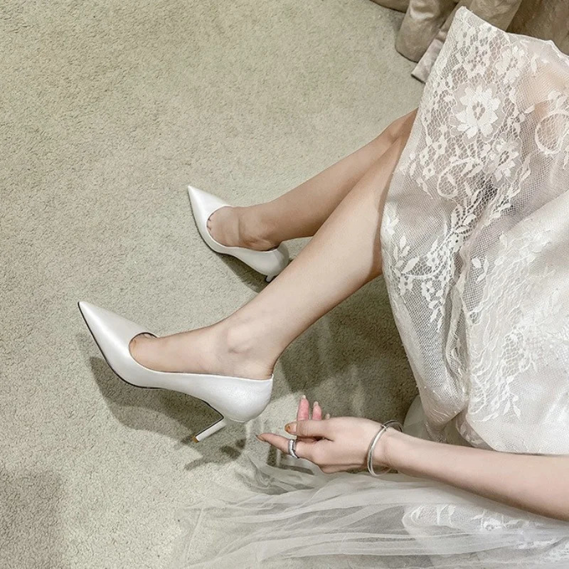 Wedding Shoes White High Heels Womens Stiletto Satin Dress Single Shoes Champagne Bridesmaid Pumps 251017