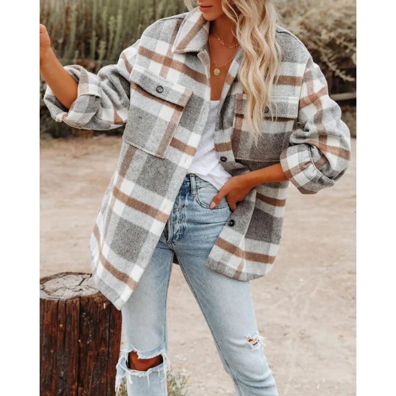 Autumn and Winter Longsleeved Loose Plaid Shirt Tweed Jacket Female 251021