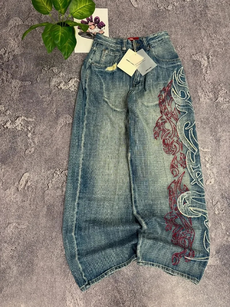 Y2K American Pattern Embroidery Baggy Jeans Men High Street Vintage Hip Hop Fashion Casual Joker Couple Wideleg Pants 251017