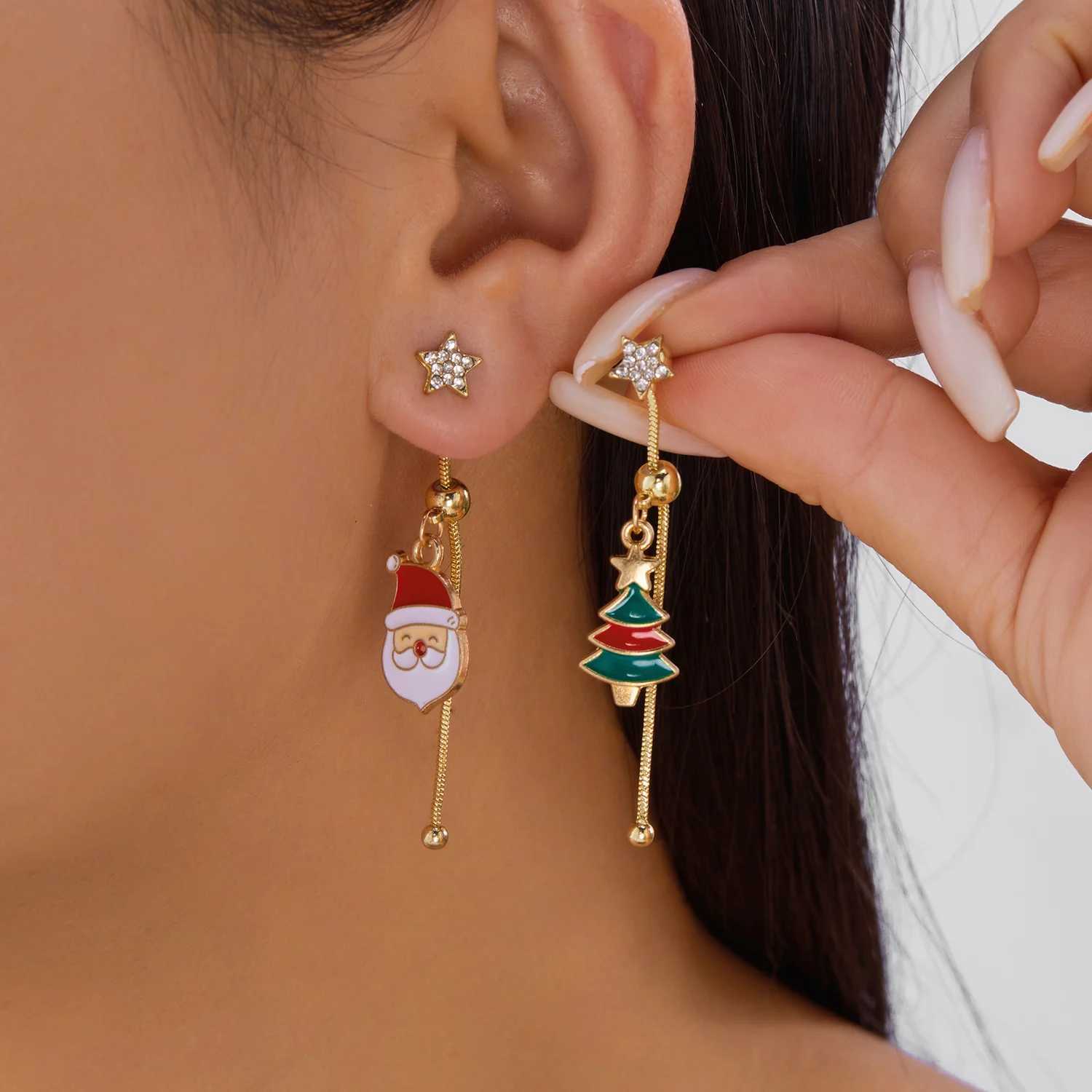 Asymmetric Moving Santa Claus Christmas Tree Drop Earrings for Women Zircon Star Snowman Bell Long Tassel Earring Party Jewerly J251021