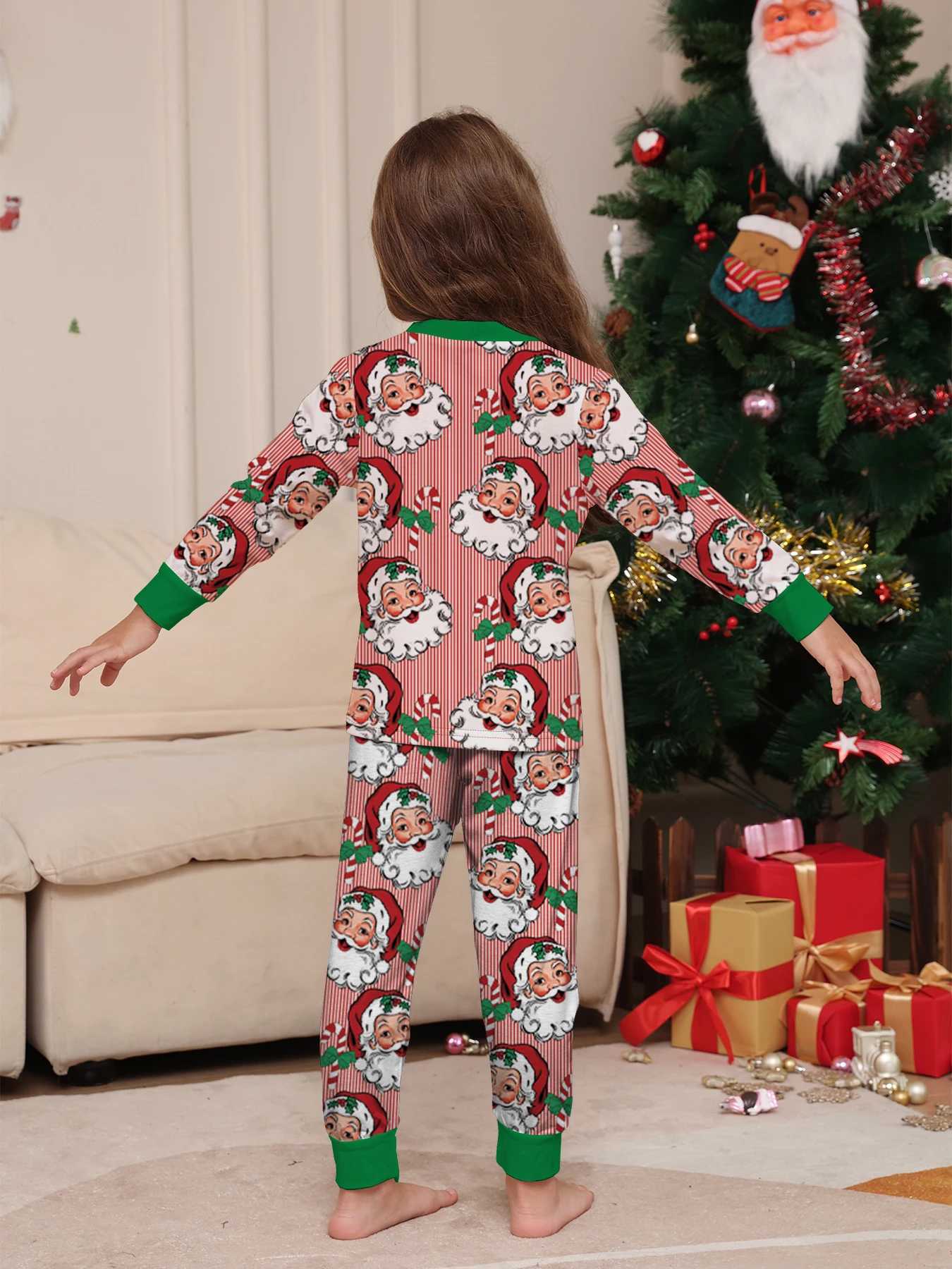 Parent Child Christmas Pajamas Set Pink White Stripe Santa Claus Green Trim Prints L251021LGBL