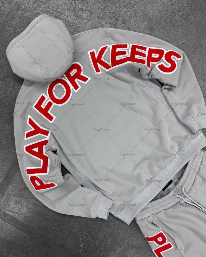 American Retro Individual Men Clothing Sports Suit Grey Loose Oversized Hoodie High Waist Elastic Waist Loose Sports Pants 251021