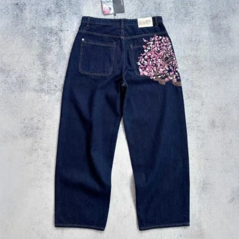 European American Trend Derschutze Jeans Casual Long Pants Plum Blossom Embroidery Denim Trousers Loose Wideleg Men 251017