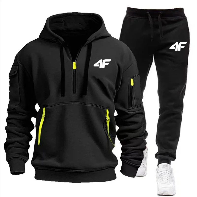 Mens tracksuit zipper hood multipocket and protective pants casual jogging tracksuit fallwinter 2piece setLarge size S3XL 251021