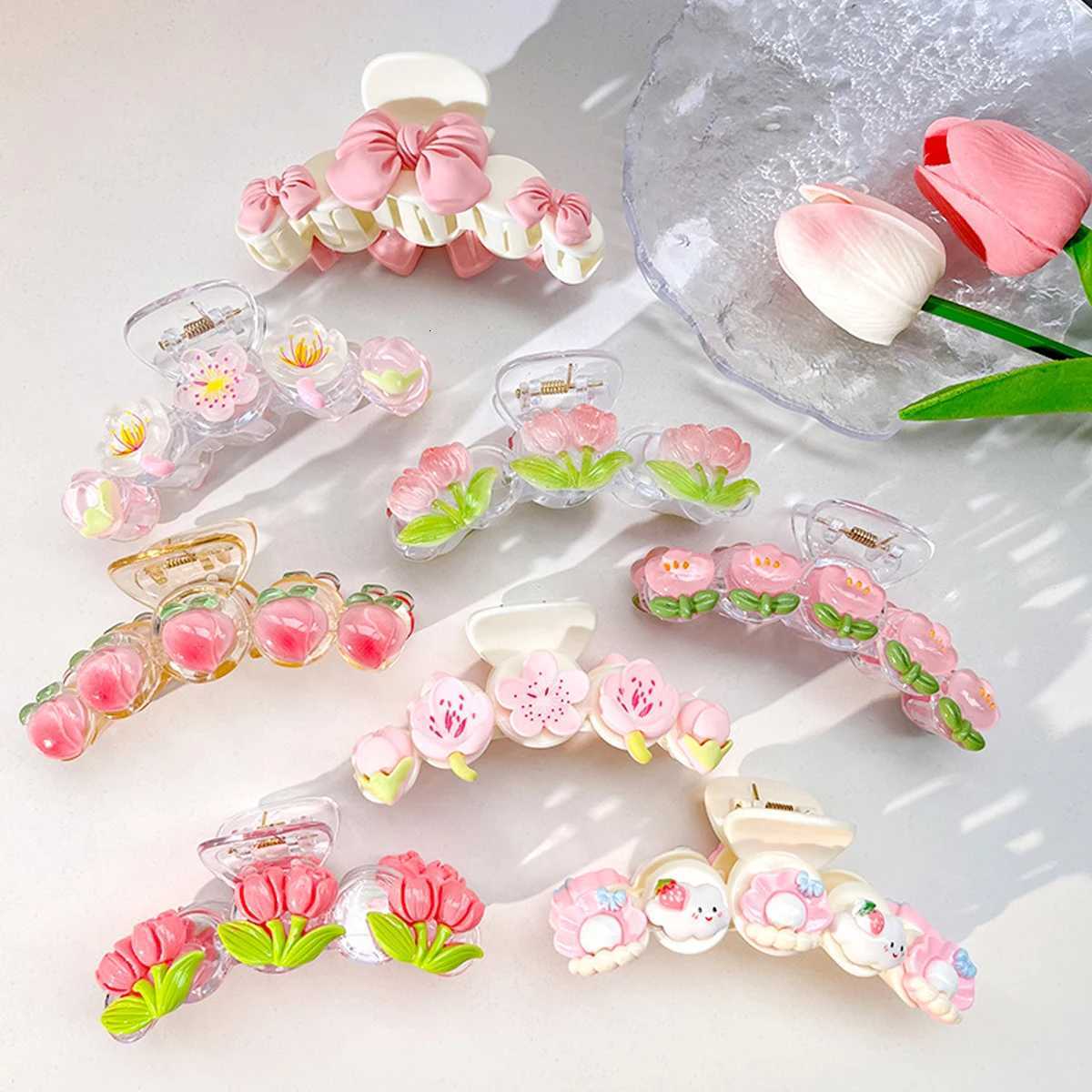 1pc cute tulip flower hair grip clip on the back of the head sweet shark clip peach blossom pink half hair clipW254021