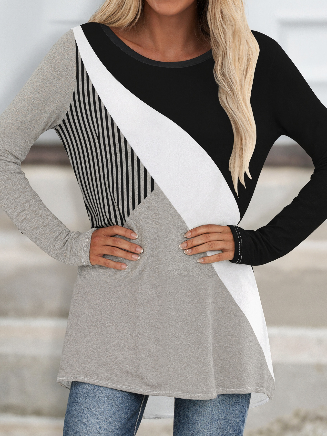 Women's Autumn New Geometric Printed Long Sleeve Top, Milk Silk Fashion Casual Commute Versatile Women's T-Shirt (S-XXL, Mixed Color)-CF5386