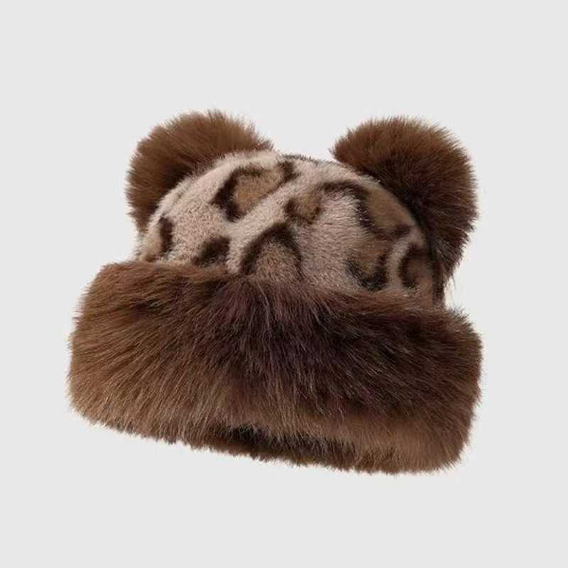 Leopard Print Plush Celebrity Hat for Women Autumn and Winter New Thickened Ear Protection Faux Fur Hat H251020